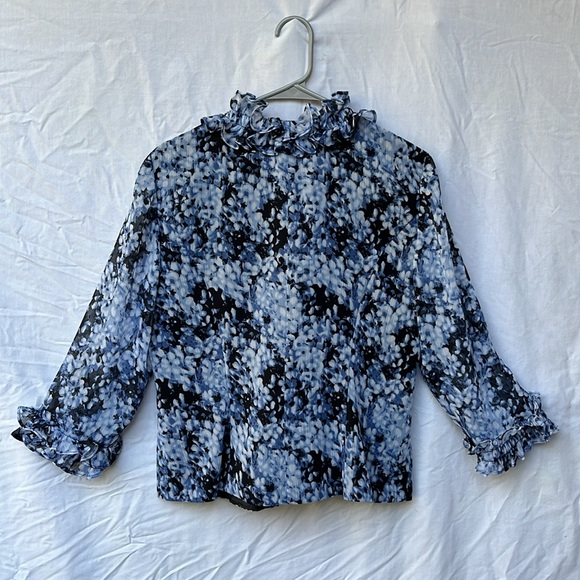 Alex Evenings •Blue/Black Floral, 3/4 Sleeve,Collared Evening Blouse SzLG - Picture 12 of 13